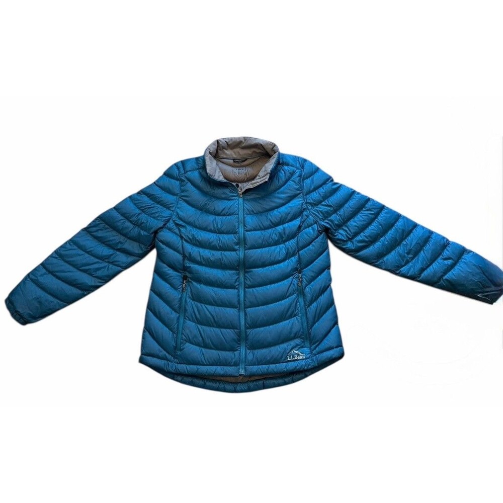 LL Bean Jacket Womens Large Blue Puffer 850 Goose Down Full Zip Mock Neck Stow